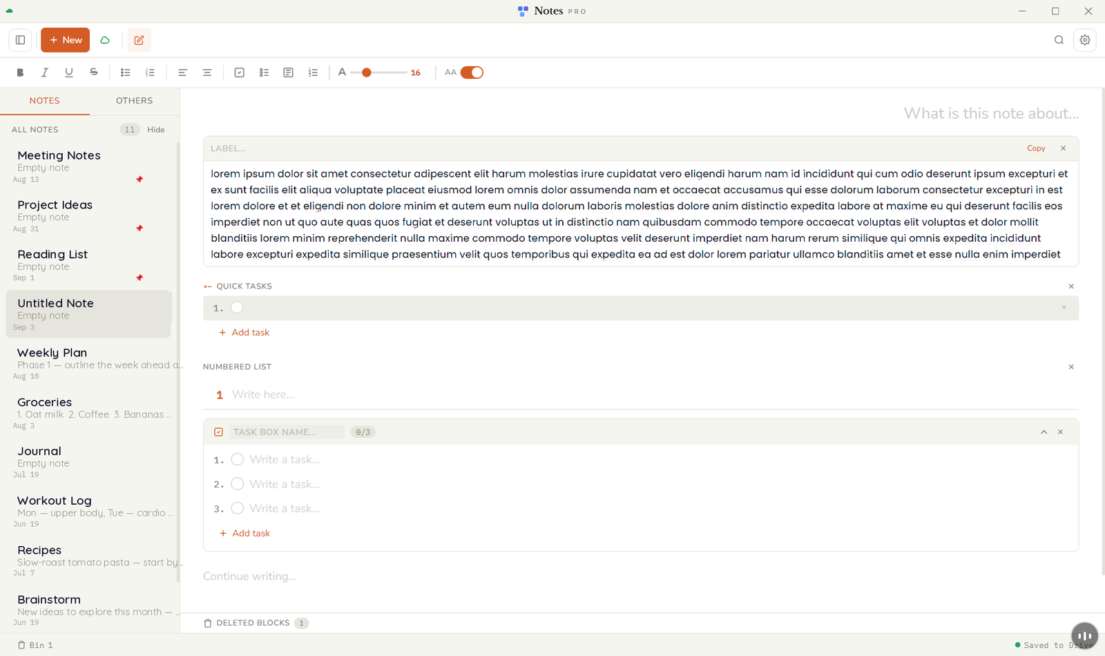 Notes Pro app — note list on the left, editor with a note, quick tasks and checklists on the right
